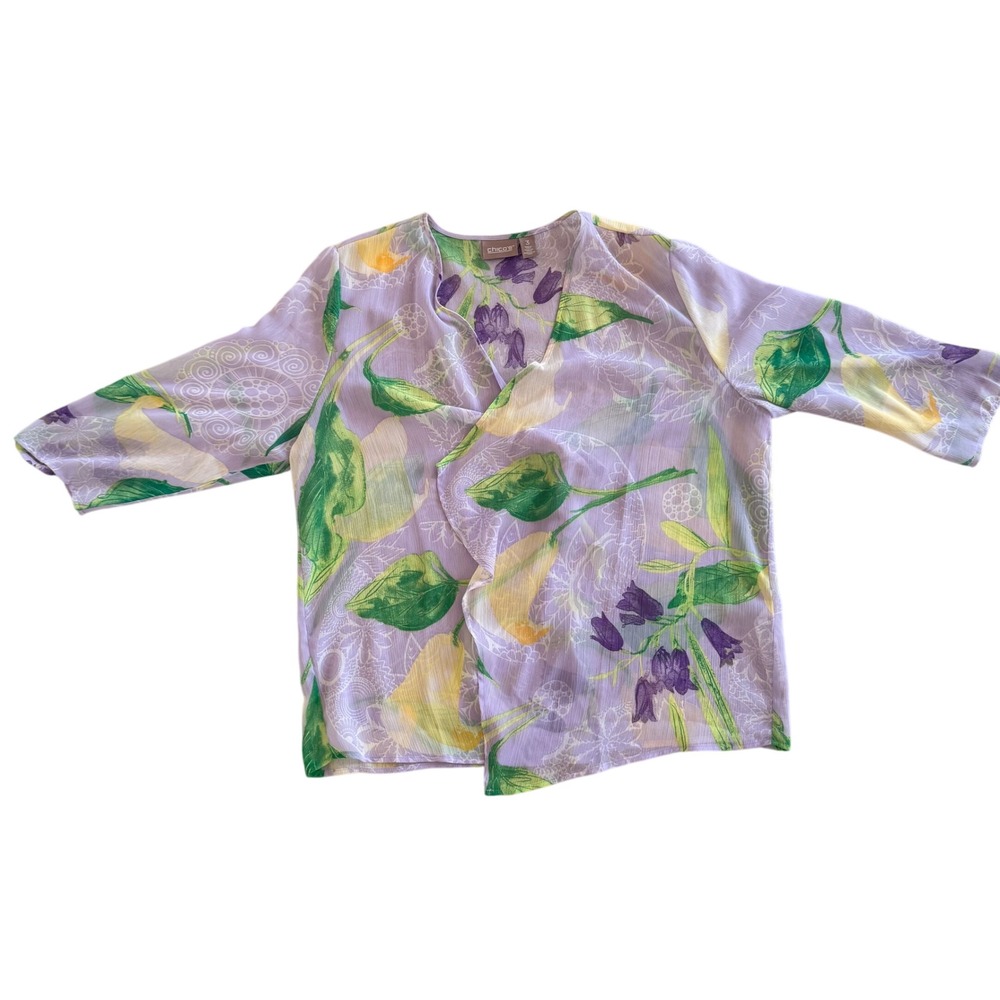 Chicos Purple Floral Lily Sheer Chiffon Wrap Blouse 3/4 Sleeve Size 3 XL Spring